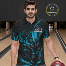 Load image into Gallery viewer, Custom Turquoise Blue Patrotic Flame Bowling Men Polo Shirt, US Flag Bowling Team Jersey IPHW11161