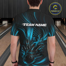 Load image into Gallery viewer, Custom Turquoise Blue Patrotic Flame Bowling Men Polo Shirt, US Flag Bowling Team Jersey IPHW11161