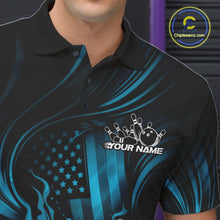 Load image into Gallery viewer, Custom Turquoise Blue Patrotic Flame Bowling Men Polo Shirt, US Flag Bowling Team Jersey IPHW11161