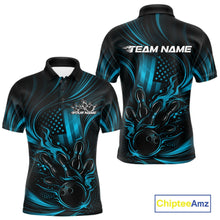 Load image into Gallery viewer, Custom Turquoise Blue Patrotic Flame Bowling Men Polo Shirt, US Flag Bowling Team Jersey IPHW11161
