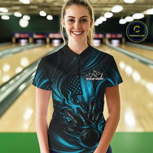 Load image into Gallery viewer, Custom Turquoise Blue Patrotic Flame Bowling Women Shirt, US Flag Bowling Team Jersey IPHW11161