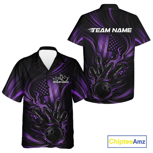 Front and back view of a black and purple button-up bowling shirt featuring patriotic flames and bowling strike artwork with American flag accents.