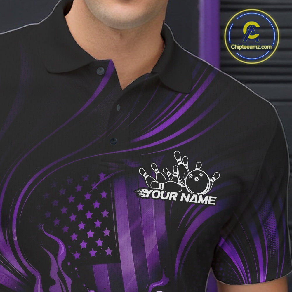 Close-up of a black and purple bowling polo shirt left chest showing patriotic flames and bowling ball striking pins design.