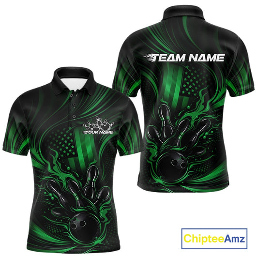 Front and back view of a black and green men’s bowling polo shirt featuring patriotic flames around a bowling ball striking pins with distressed American flag design.