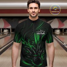 Load image into Gallery viewer, Custom Green Patrotic Flame Bowling Men Quarter-Zip Shirt, US Flag Bowling Team Jersey IPHW11164