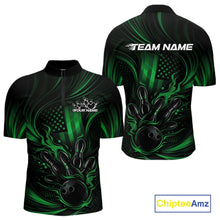 Load image into Gallery viewer, Custom Green Patrotic Flame Bowling Men Quarter-Zip Shirt, US Flag Bowling Team Jersey IPHW11164