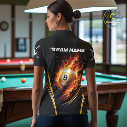 Custom Black And Yellow Flame 9 Ball Billiards Jersey, Pool Team Women Polo Shirt IPHW11749