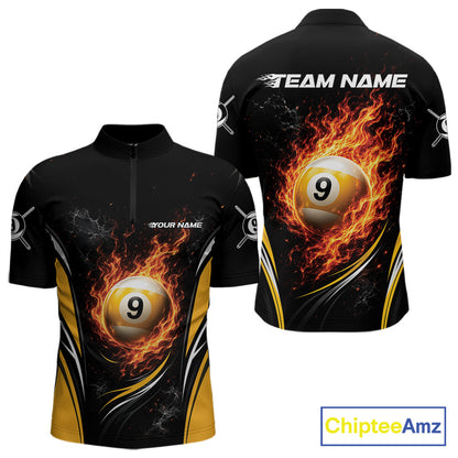 Custom Black And Yellow Flame 9 Ball Billiards Jersey, Pool Team Men Quarter Zip Shirt IPHW11749