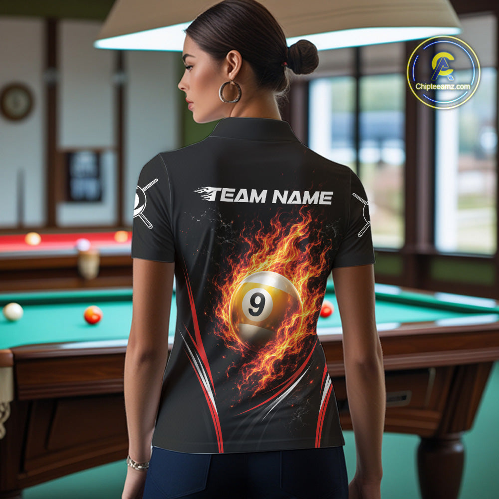 Custom Black And Red Flame 9 Ball Billiards Jersey, Pool Team Women Polo Shirt IPHW11750