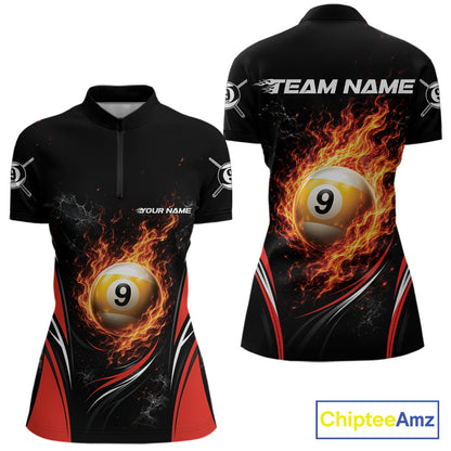 Custom Black And Red Flame 9 Ball Billiards Jersey, Pool Team Women Quarter-Zip Shirt IPHW11750