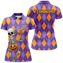 Load image into Gallery viewer, Orange And Purple Argyle Pattern Custom Funny Skull Halloween Bowling Shirts For Women IPHW7655