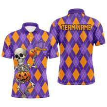 Load image into Gallery viewer, Orange And Purple Argyle Pattern Custom Funny Skull Halloween Bowling Shirts For Men IPHW7655