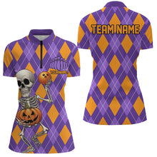 Load image into Gallery viewer, Orange And Purple Argyle Pattern Custom Funny Skull Halloween Bowling Shirts For Women IPHW7655