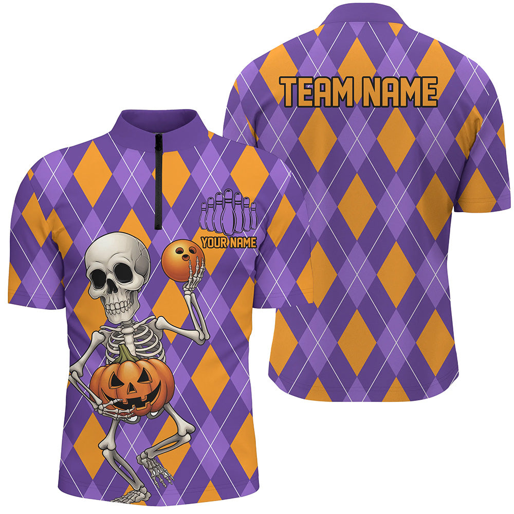 Orange And Purple Argyle Pattern Custom Funny Skull Halloween Bowling Shirts For Men IPHW7655