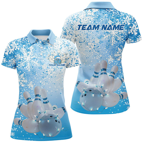 Blue Snowflake Custom Christmas Bowling Shirts For Women, Xmas Bowling Team Uniform IPHW7863