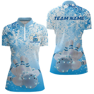 Blue Snowflake Custom Christmas Bowling Shirts For Women, Xmas Bowling Team Uniform IPHW7863