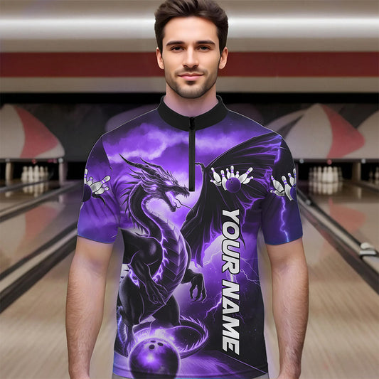 Custom Purple Thunder Lightning Dragon Bowling Quarter-Zip Shirts For Men, Dragon Bowling Uniform IPHW8305