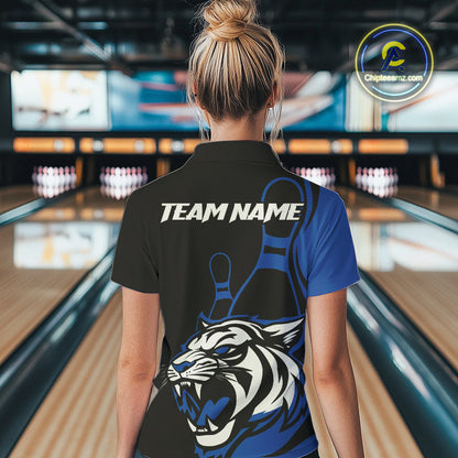 Custom Black And Blue Tiger Bowling Jerseys, Tiger Bowling Team Women Quarter-Zip Shirts IPHW9015