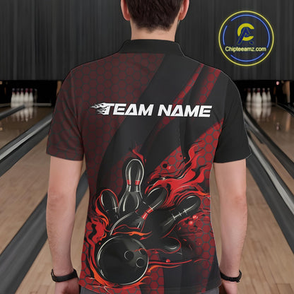 Back view of a male model in a bowling venue wearing a black and red polo shirt featuring a bowling strike scene with flame graphics.
