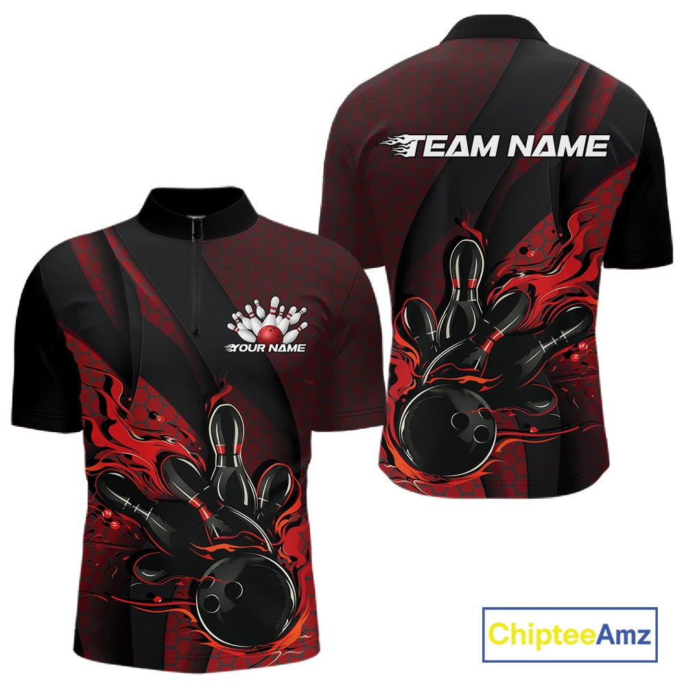 Front and back mockup of a black and red men’s bowling quarter-zip shirt showcasing a flaming bowling ball striking pins with hexagon motifs and diagonal stripes.