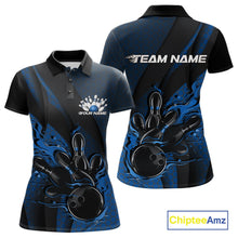 Load image into Gallery viewer, Custom Black And Blue Flame Bowling Polo Shirt For Women, Bowling Team Tournament Jersey IPHW11181