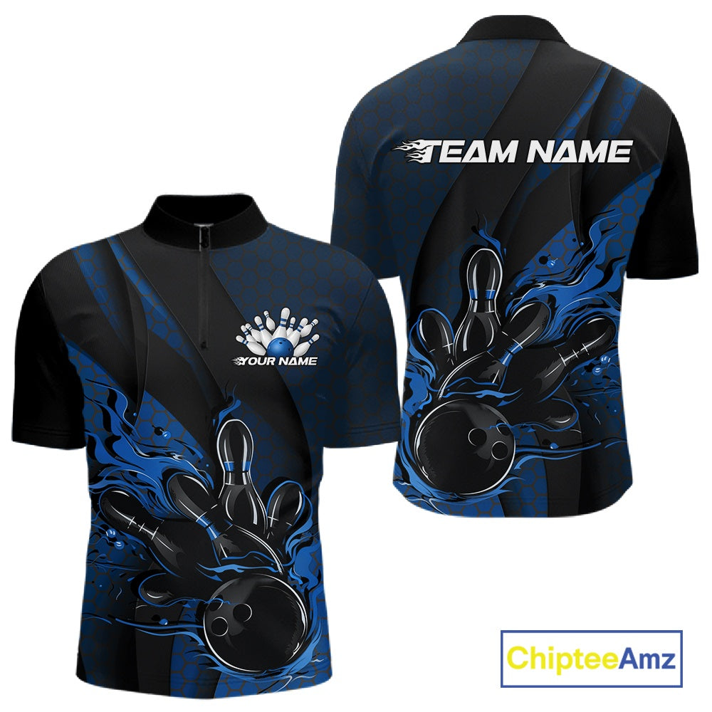 Front and back view of a black and blue men’s bowling quarter-zip shirt featuring a flaming bowling ball striking pins with hexagon patterns and diagonal stripes.