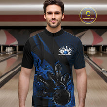 Load image into Gallery viewer, Custom Black And Blue Flame Bowling Quarter-Zip Shirt For Men, Bowling Team Tournament Jersey IPHW11181