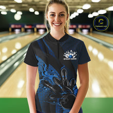 Load image into Gallery viewer, Custom Black And Blue Flame Bowling Quarter-Zip Shirt For Women, Bowling Team Jersey IPHW11181