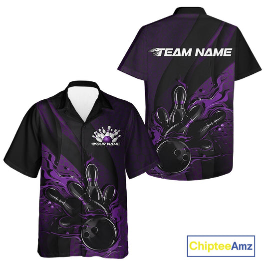 Front and back display of a black and purple button-up bowling shirt featuring a flaming bowling ball striking pins with geometric accents and diagonal stripes.