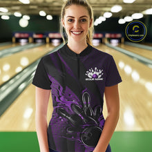 Load image into Gallery viewer, Custom Black And Purple Flame Bowling Quarter-Zip Shirt For Women, Bowling Team Jersey IPHW11182