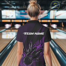 Load image into Gallery viewer, Custom Black And Purple Flame Bowling Quarter-Zip Shirt For Women, Bowling Team Jersey IPHW11182