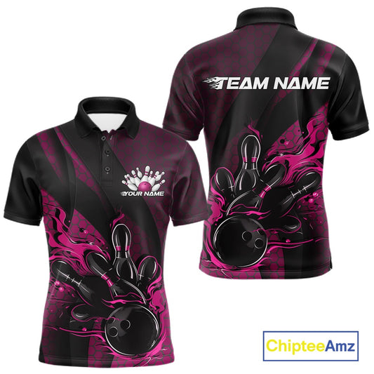 Front and back mockup of a black and pink men’s bowling polo shirt showcasing a flaming bowling ball striking pins with hexagon patterns and diagonal stripes.