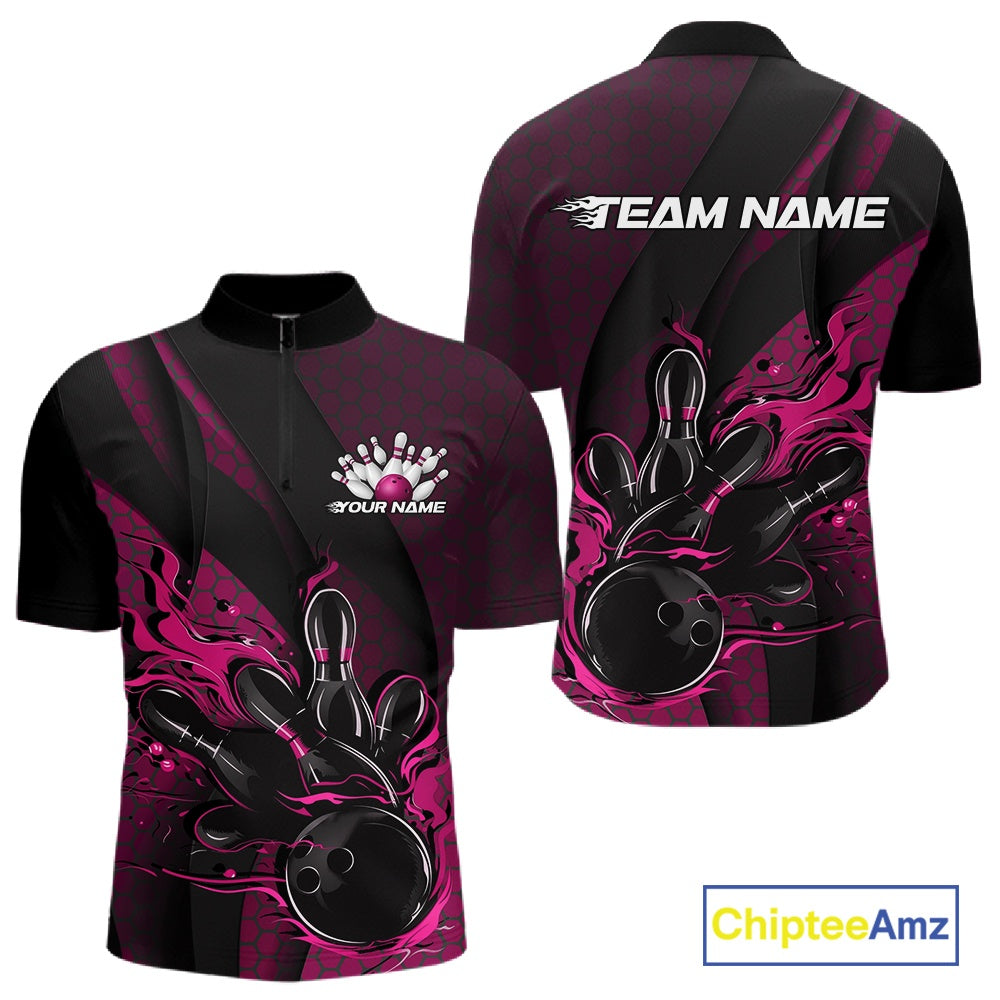 Front and back mockup of a black and pink men’s bowling quarter-zip shirt showcasing a flaming bowling ball striking pins with hexagon patterns and diagonal stripes.