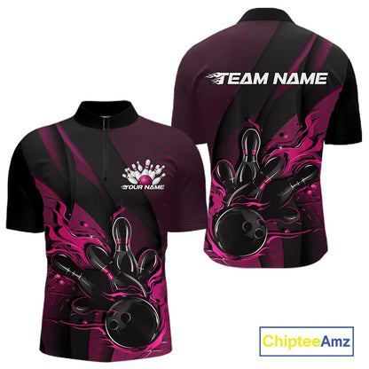 Front and back mockup of a black and pink men’s bowling quarter-zip shirt showcasing a flaming bowling ball striking pins with hexagon patterns and diagonal stripes.