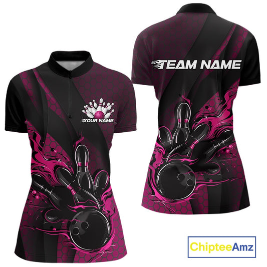 Women’s quarter zip bowling shirt mockup featuring black and pink colorway with fiery bowling ball hitting pins, geometric hexagon textures and dynamic stripes