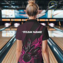 Load image into Gallery viewer, Custom Black And Pink Flame Bowling Quarter-Zip Shirt For Women, Bowling Team Jersey IPHW11183