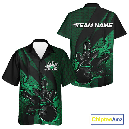 Front and back view of a black and green button-up bowling shirt featuring a flaming bowling ball striking pins with hexagon graphics and diagonal stripes.
