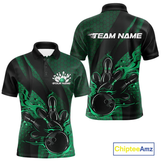 Front and back display of a black and green men’s bowling polo shirt featuring a flaming bowling ball striking pins with hexagon graphics and diagonal stripes.