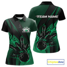 Load image into Gallery viewer, Custom Black And Green Flame Bowling Polo Shirt For Women, Bowling Team Tournament Jersey IPHW11184