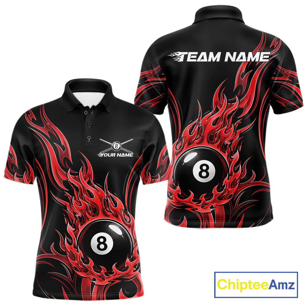 Custom Red Tribal Flame 8 Ball Billiards Men Polo Shirt, Pool League Shirt IPHW11752
