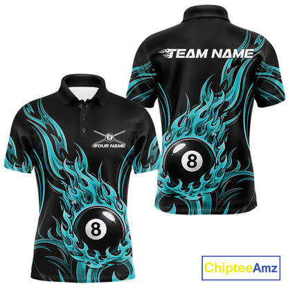 Custom Turquoise Blue Tribal Flame 8 Ball Billiards Men Polo Shirt, Pool League Shirt IPHW11753