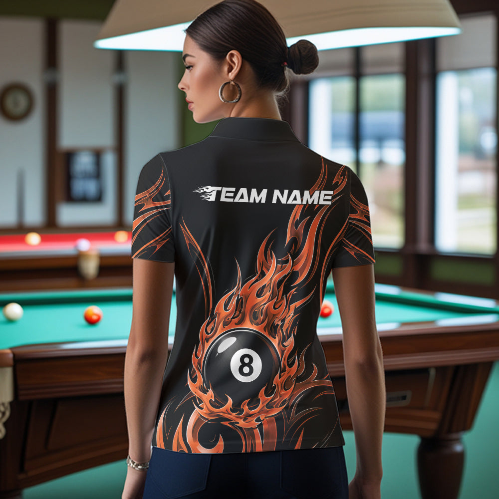 Custom Orange Tribal Flame 8 Ball Billiards Women Polo Shirt, Pool League Shirt IPHW11754
