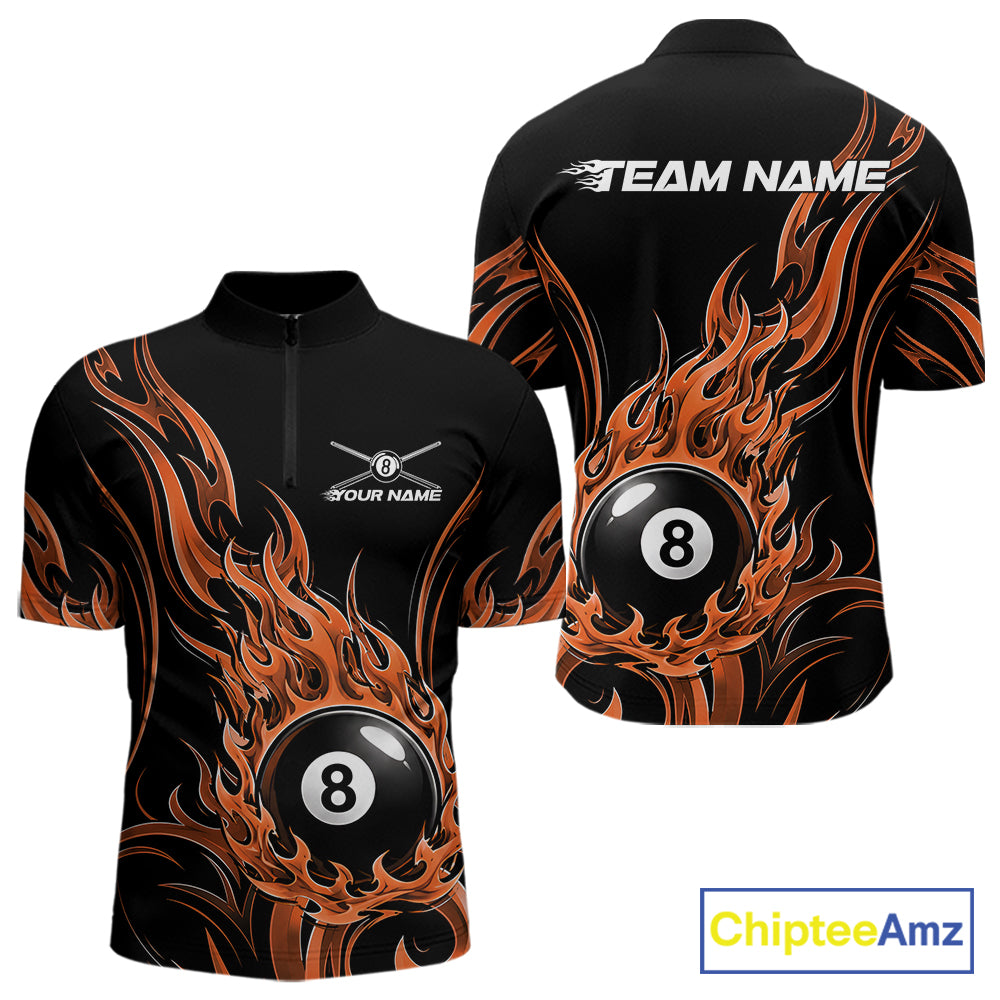 Custom Orange Tribal Flame 8 Ball Billiards Men Quarter Zip Shirt, Pool League Shirt IPHW11754
