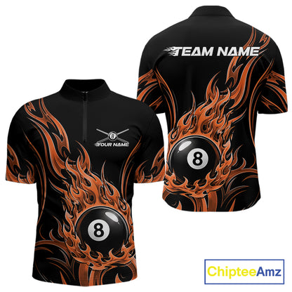 Custom Orange Tribal Flame 8 Ball Billiards Men Quarter Zip Shirt, Pool League Shirt IPHW11754