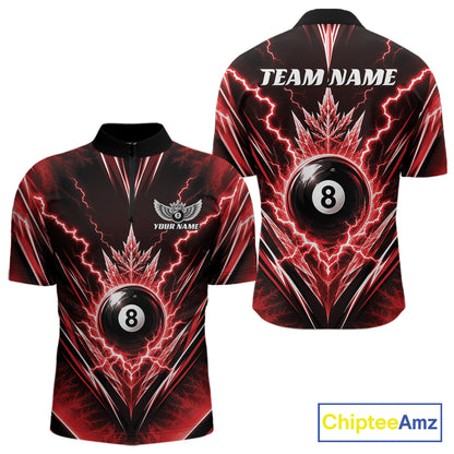Custom Red Icy Thunder Lightning 8 Ball Billiards Men Quarter Zip Shirt, Pool League Shirt IPHW11765