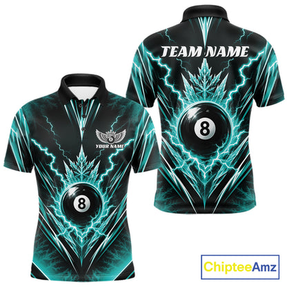 Custom Turquoise Blue Icy Lightning 8 Ball Billiards Men Polo Shirt, Pool League Shirt IPHW11766