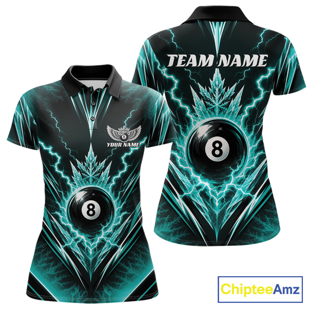 Custom Turquoise Blue Icy Lightning 8 Ball Billiards Women Polo Shirt, Pool League Shirt IPHW11766