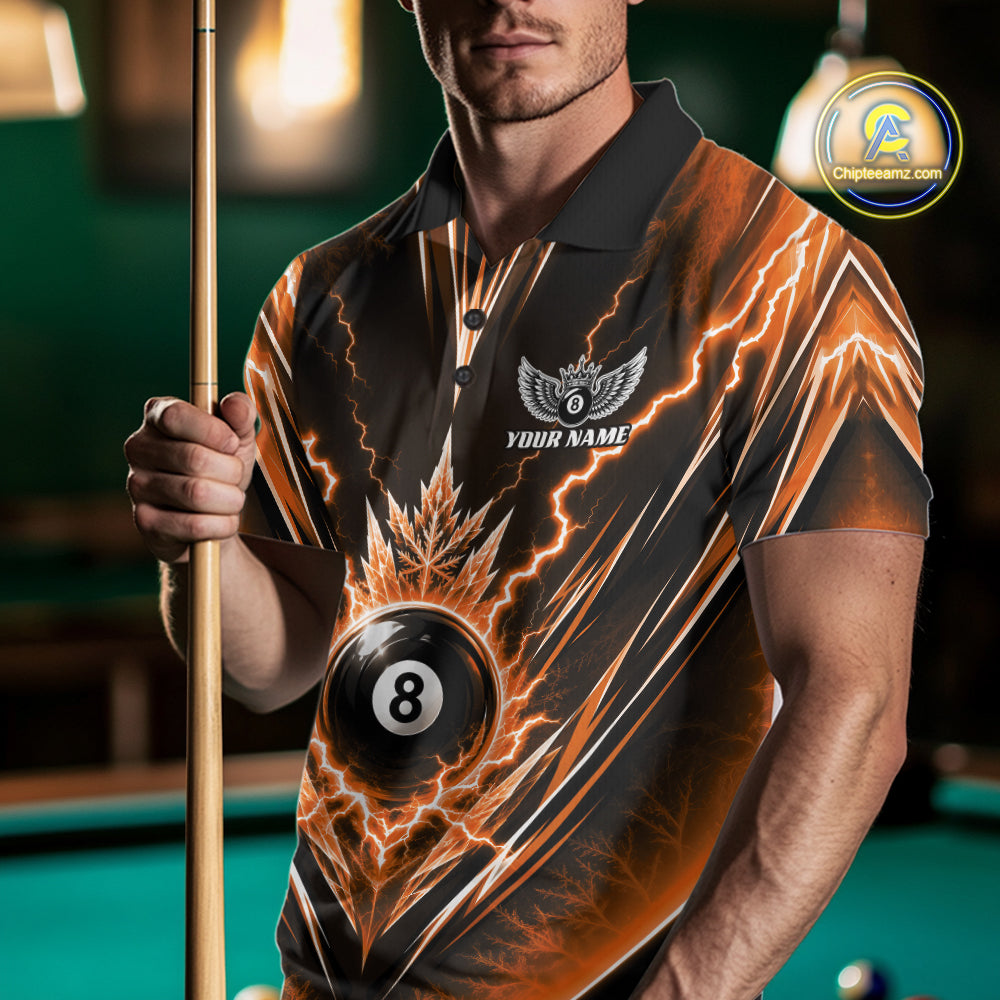 Custom Orange Icy Thunder Lightning 8 Ball Billiards Men Polo Shirt, Pool League Shirt IPHW11767