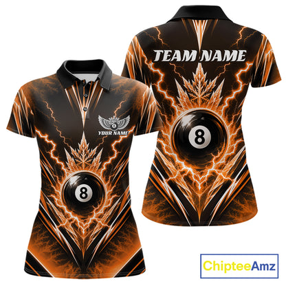 Custom Orange Icy Thunder Lightning 8 Ball Billiards Women Polo Shirt, Pool League Shirt IPHW11767