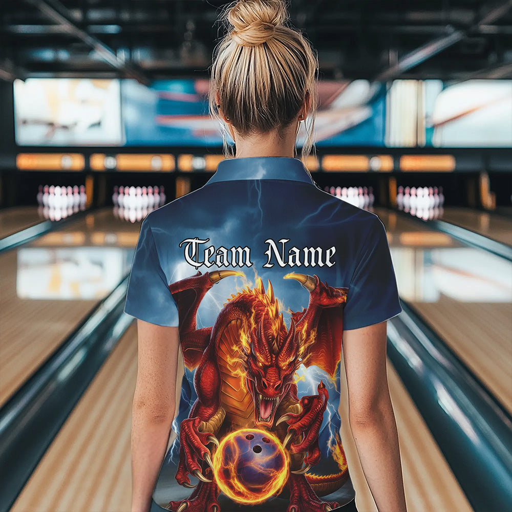 Custom Blue Thunder Lightning Flame Dragon Bowling Quarter-Zip Team Shirts For Women IPHW8306